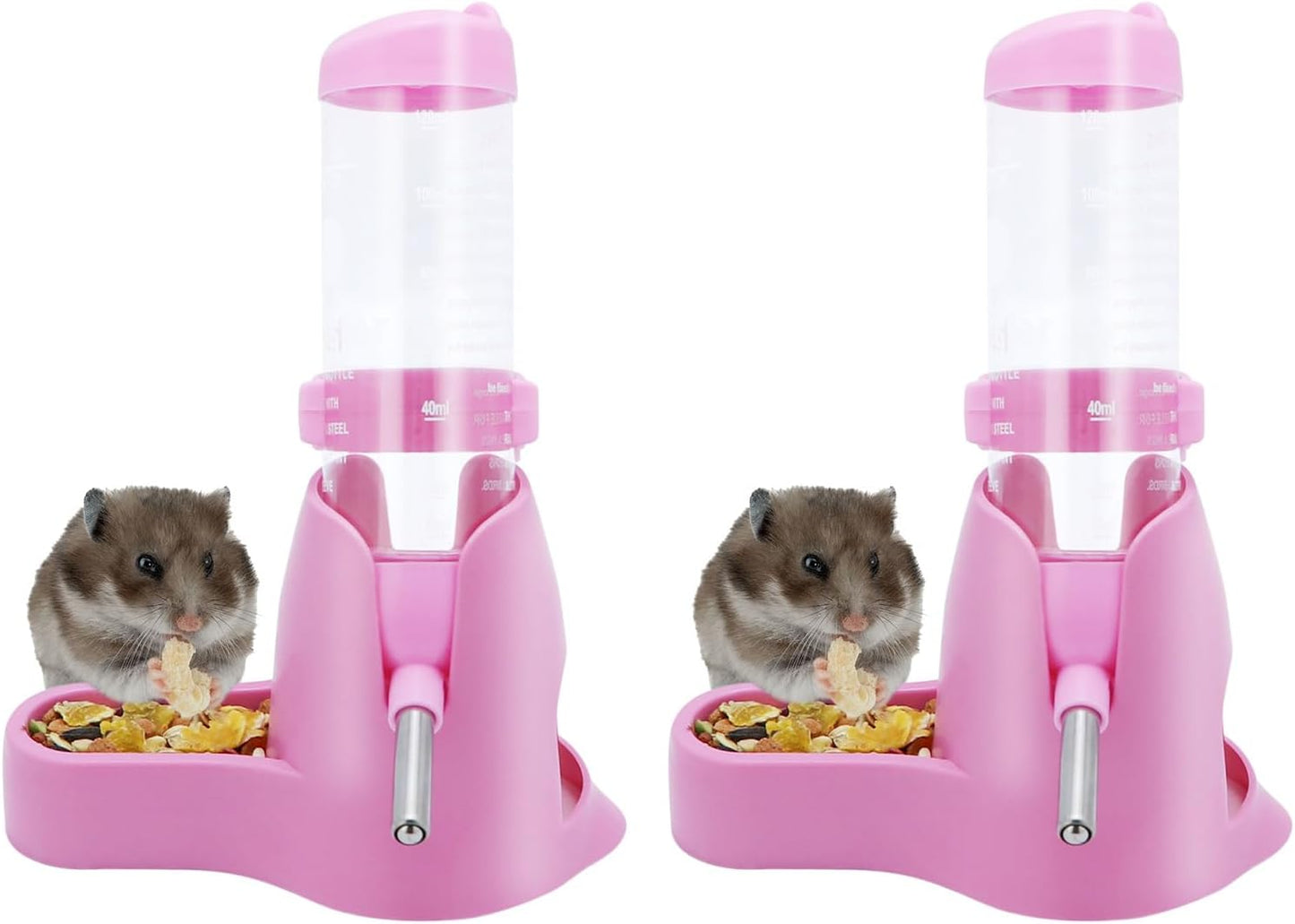 Wontee 3 in 1 Hamster Water Bottle Small Pet Automatic Water Dispenser with Food Container Base Hideout for Dwarf Hamster Mice Gerbils, 2 Pack (Pink, 125ML)