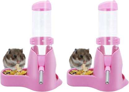 Wontee 3 in 1 Hamster Water Bottle Small Pet Automatic Water Dispenser with Food Container Base Hideout for Dwarf Hamster Mice Gerbils, 2 Pack (Pink, 125ML)