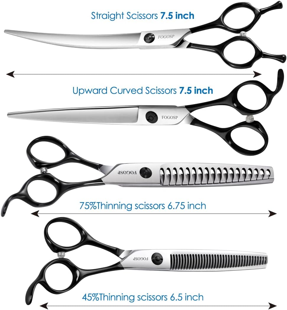 Professional 7.5" Dog Grooming Scissors Kit 4pcs, JP 440C Stainless Steel Curved Blender Straight Chunker Shears for Dog Cat and Pets (7.5 in Kit, Black)