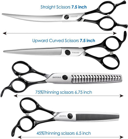 Professional 7.5" Dog Grooming Scissors Kit 4pcs, JP 440C Stainless Steel Curved Blender Straight Chunker Shears for Dog Cat and Pets (7.5 in Kit, Black)