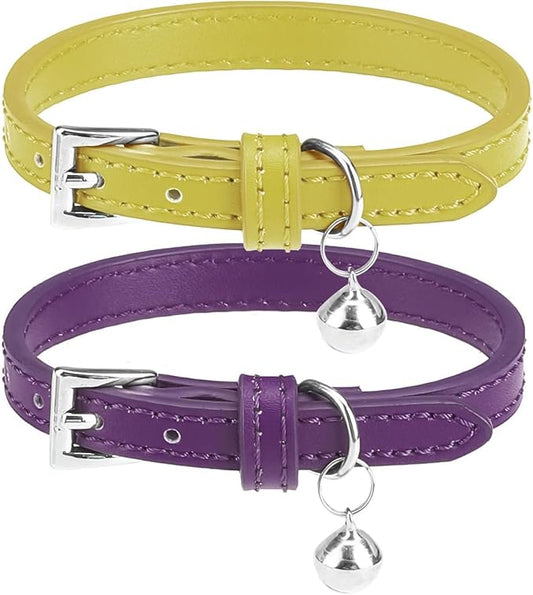 PUPTECK 2 PCS Soft Genuine Leather Cat Kitten Collar with Bells Adjustable for Girl Boy Cats Puppy - Yellow Green, Deep Purple