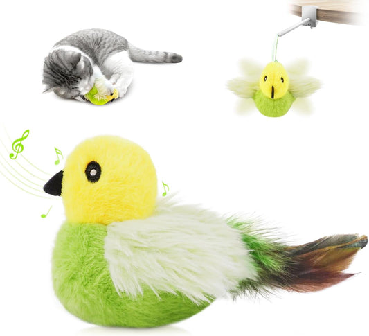 Migipaws Cat Toys,Interactive Lifelike Amakihi Flying Flapping Bird with Catnip, Feathers Hanging by Elastic String, Automatic Chirping Kitten Toys for Indoor Cats Self Play, Rechargeable(Green)