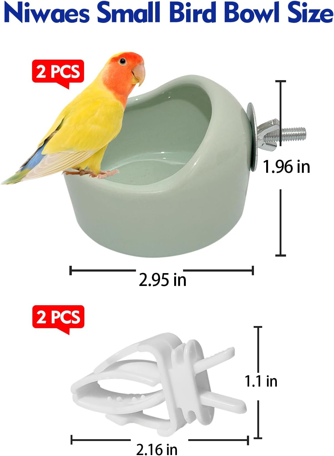 2PCS Birds Feeding Dish Cups Ceramic Bird Cage Food Bowls, Bird Cage Feeder Hanging Parrot Food Bowl for Budgie Finches Lovebirds Cockatiels (Green)
