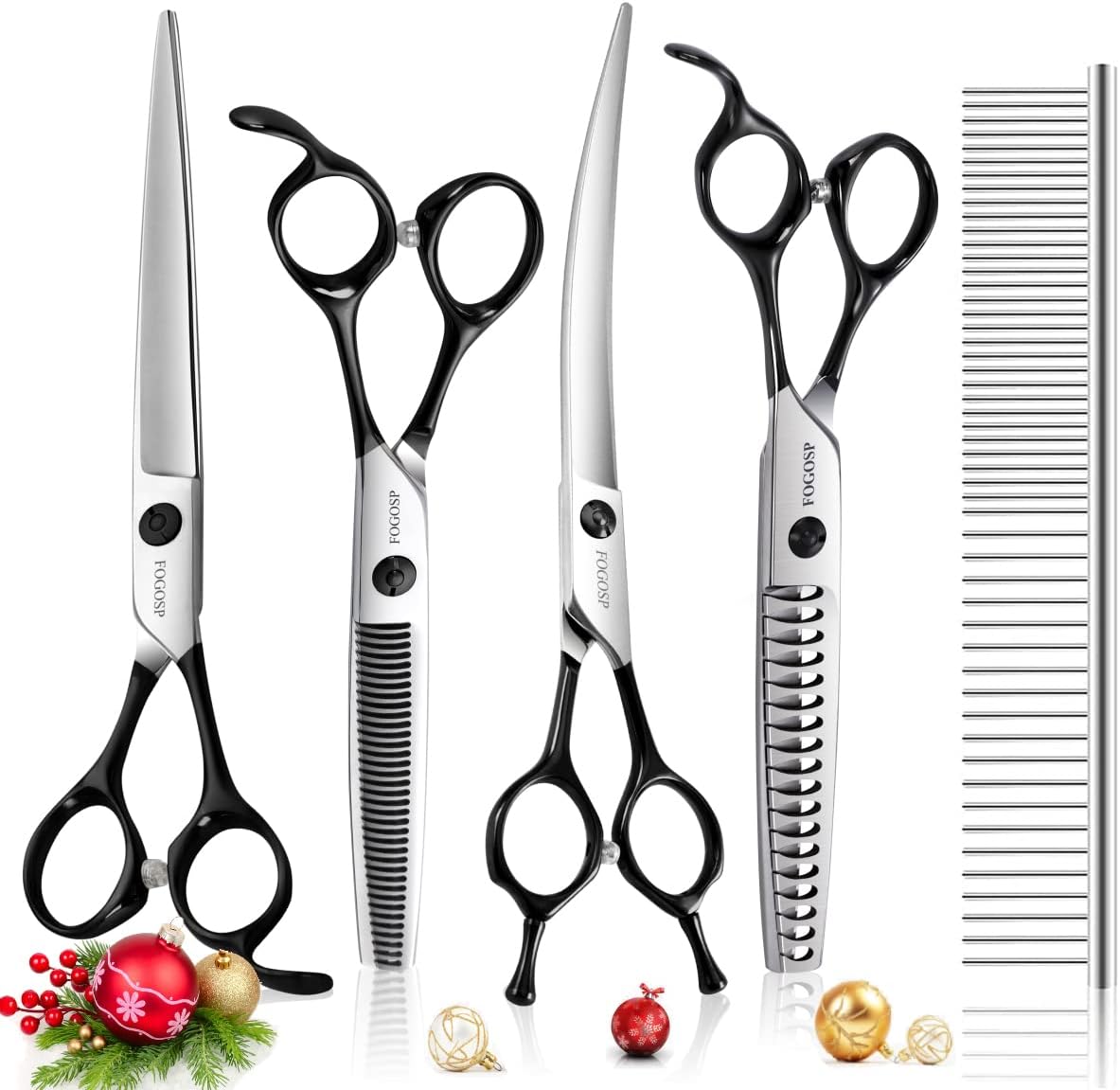 Professional 7.5" Dog Grooming Scissors Kit 4pcs, JP 440C Stainless Steel Curved Blender Straight Chunker Shears for Dog Cat and Pets (7.5 in Kit, Black)