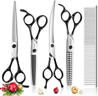 Professional 7.5" Dog Grooming Scissors Kit 4pcs, JP 440C Stainless Steel Curved Blender Straight Chunker Shears for Dog Cat and Pets (7.5 in Kit, Black)