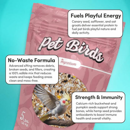 Mycelium Small Pet Bird Seed | Organic Bird Food for Conures, Cockatiels, Lovebirds | Premium Feed, Pumpkin, & Hulled Sunflower | Supports Skin & Feather Health | Non-GMO 5 lb Bag