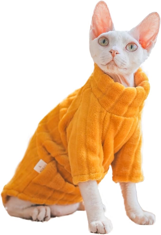 Turtleneck Sweater for Sphynx Cat Soft Coral Fleece Cat Clothes Thick Winter Warm Outfit Coat for Hairless Cats and Small Dogs Apparel with Sleeves (Orange, XXL (13.3-16 lbs))