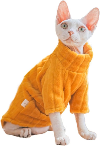 Turtleneck Sweater for Sphynx Cat Soft Coral Fleece Cat Clothes Thick Winter Warm Outfit Coat for Hairless Cats and Small Dogs Apparel with Sleeves (Orange, XXL (13.3-16 lbs))