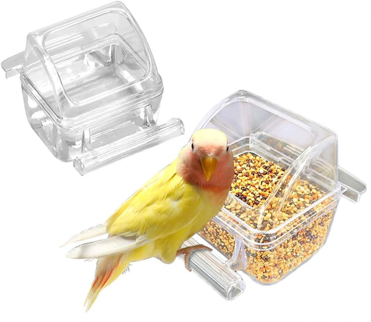 2 Pack Bird Feeder Bowl Clear Water Container Bird Cage Dish No Mess Parakeet Hanging Food Cup for Cage Plastic Parakeet Feeder with Perch