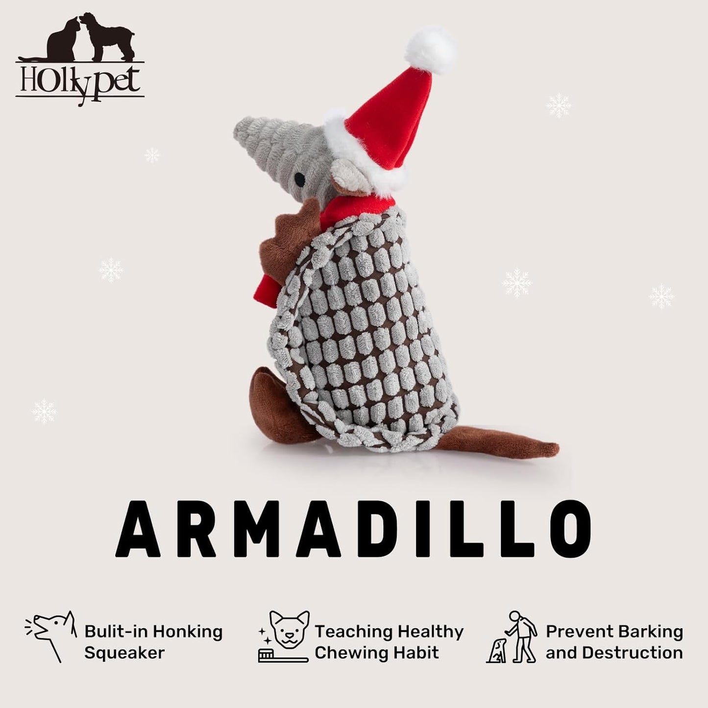 Hollypet Plush Dog Squeaky Toy Stuffed Armadillo Animal Pet Puppy Chew Toys with Clean Teeth for Small Medium Large All Breed Sizes Dogs, Christmas Gray, 8 in