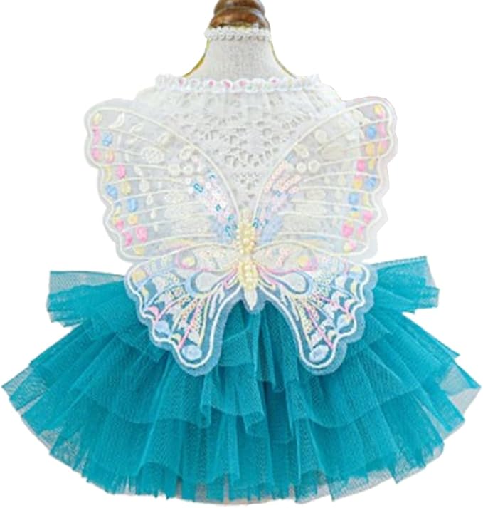 ANIAC Butterfly Dog Dress with Blue Tutu Funny Dog Clothes with Wing Girl Puppy Dress for Small Dogs Pet Butterfly Costume Holiday Cat Outfit for Halloween Birthday Wedding (Lake Blue, Medium)