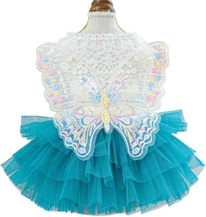 ANIAC Butterfly Dog Dress with Blue Tutu Funny Pet Clothes with Wing Girl Puppy Dress for Small Dogs Pet Butterfly Costume Holiday Cat Outfit for Halloween Birthday Wedding (Lake Blue, Small)