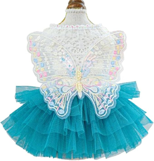 ANIAC Butterfly Dog Dress with Blue Tutu Funny Pet Clothes with Wing Girl Puppy Dress for Small Dogs Pet Butterfly Costume Holiday Cat Outfit for Halloween Birthday Wedding (Lake Blue, Small)