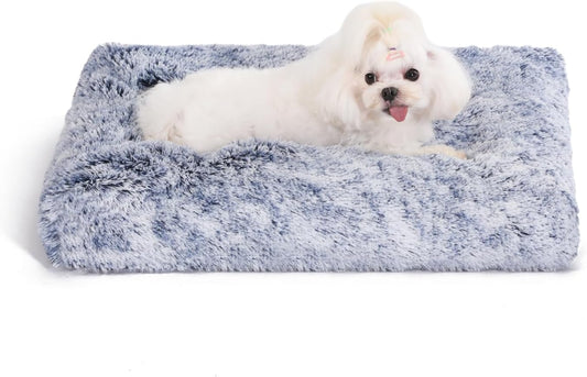 Bedfolks Waterproof Crate Bed, Plush Dog & Cat Bed with Removable Washable Cover, Faux Fur Kennel Pad, 23"x18", Dark Blue