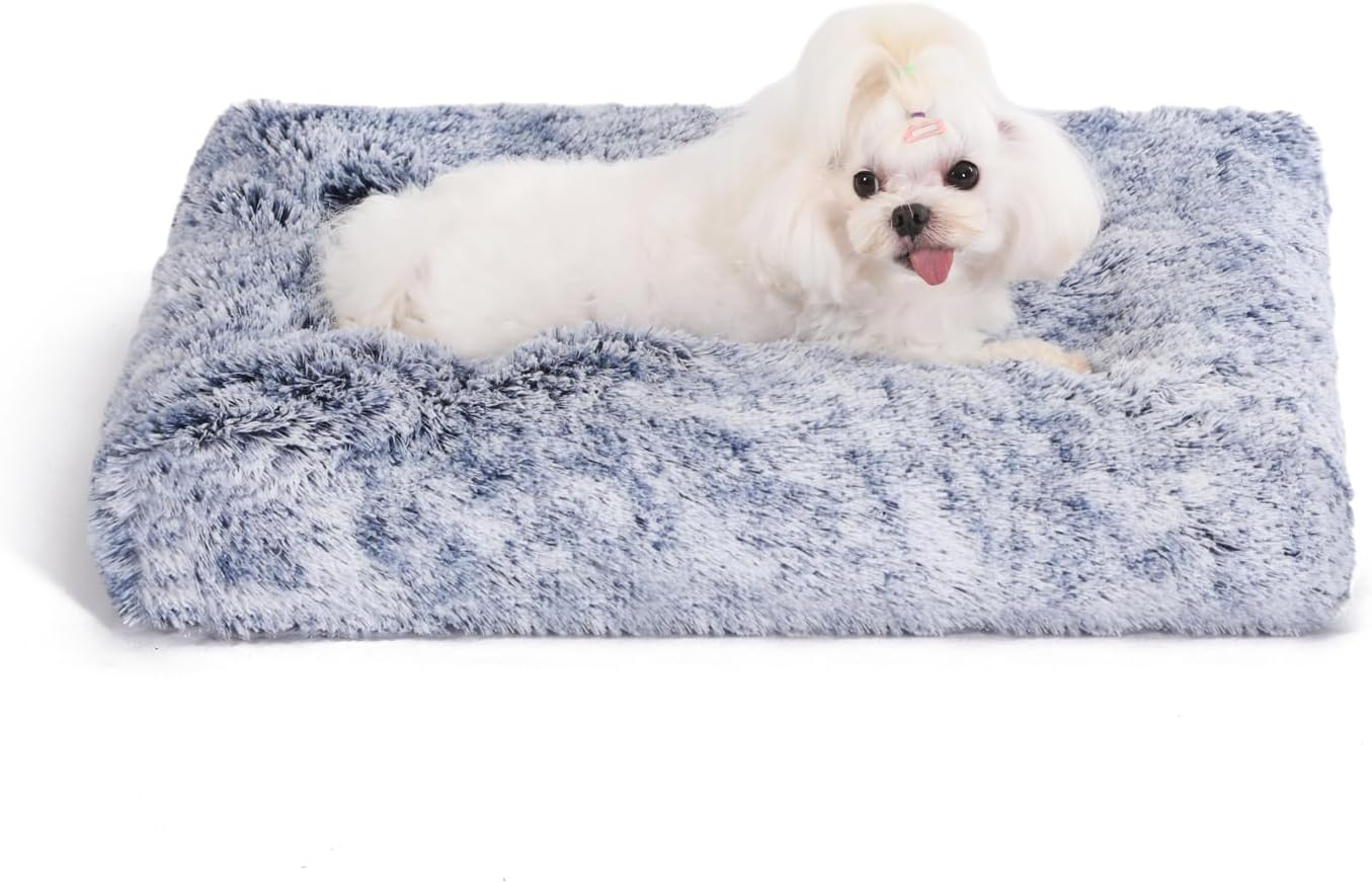 Bedfolks Plush Dog Crate Bed, Washable Cover, Faux Fur Pad, 21"x13", Dark Blue