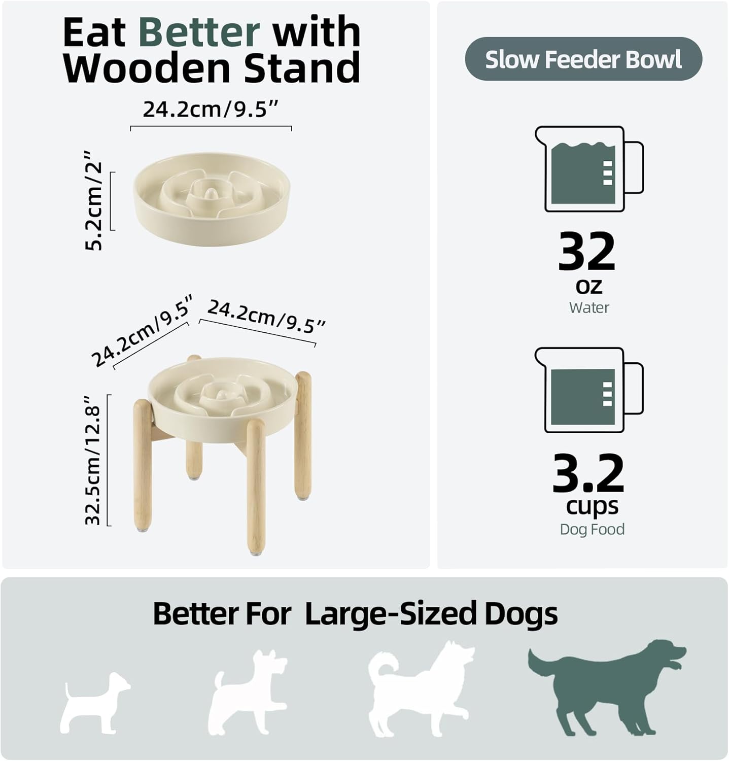 Ceramic 3.2 Cup Raised Slow Feeder Dog Bowl Set, Elevated Bowl with Wooden Stand for Large Dog, 9.5inch Puzzle Slow Pet Food Dish, Anti-Gulping(Beige, Single Bowl+ Stand)