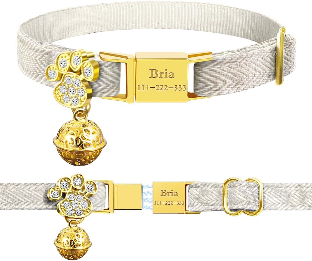 Personalized Breakaway Cat Collars - Magnetic Buckle, Bell - Safety Quick Release, Customized for Girls & Boys Cats- (Herringbone-Oatmeal)