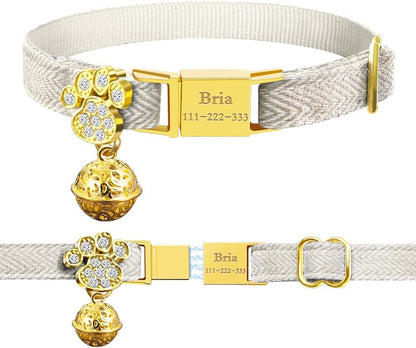 Personalized Breakaway Cat Collars - Magnetic Buckle, Bell - Safety Quick Release, Customized for Girls & Boys Cats- (Herringbone-Oatmeal)