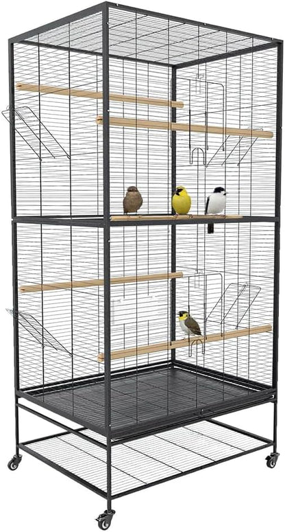 66 Inch Large Bird Cage Metal Parrot Cage with Storage Shelf for Mid-Sized Parrots Cockatiels Conures Parakeets Lovebirds Budgie Finch Black