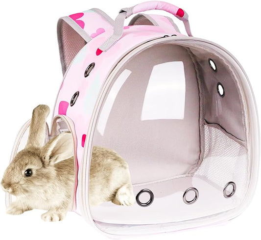 Portable Small Animal Backpack with Pink Flower Printing, Space Capsule Bubble Pet Carrier Cage Travel for Guinea Pig, Rabbit, Hamster, Bird, Bearded Dragon, Sugar Glider, Squirrel, Tortoise, Lizard