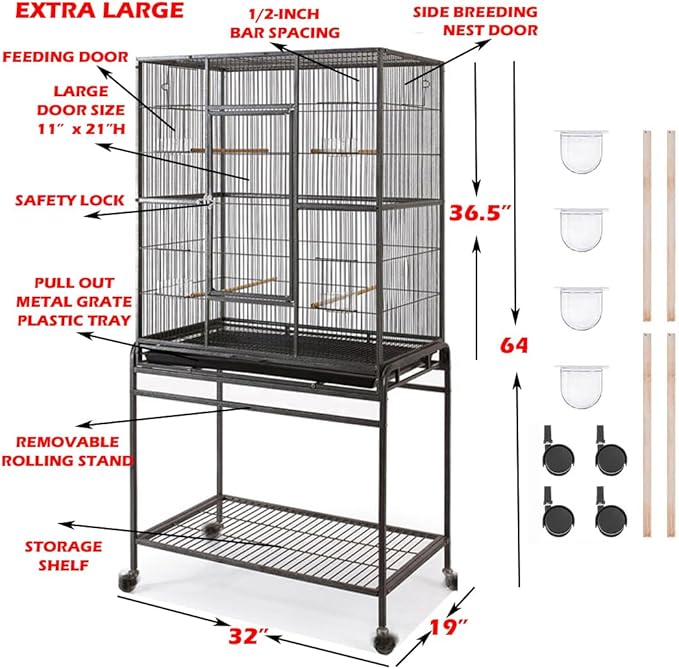64" Extra Large Wrought Iron Side Nesting Box Doors Flight Breeding Canary Parakeet Cockatiel Lovebird Finch Bird Cage Easy Clean Pull Out Tray with Removable Rolling Stand