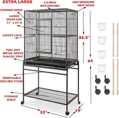 64" Extra Large Wrought Iron Side Nesting Box Doors Flight Breeding Canary Parakeet Cockatiel Lovebird Finch Bird Cage Easy Clean Pull Out Tray with Removable Rolling Stand