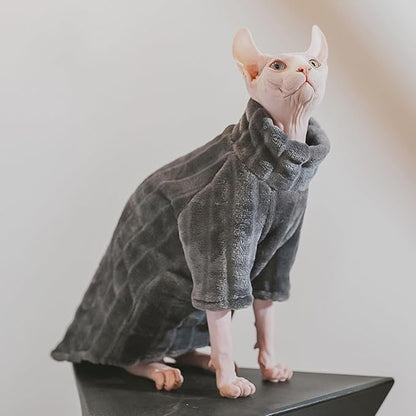 Turtleneck Sweater for Sphynx Cat Soft Coral Fleece Cat Clothes Thick Winter Warm Outfit Coat for Hairless Cats and Small Dogs Apparel with Sleeves (Grey, M (5-7 lbs))