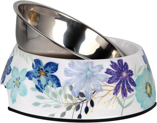 2 in 1 Food Water Bowls - Non Slip Skid Proof Heavy Duty Pet Bowls for Feeding Drinking Small Medium Large Dogs Cats Puppies (Blue Flower, M:14 OZ)