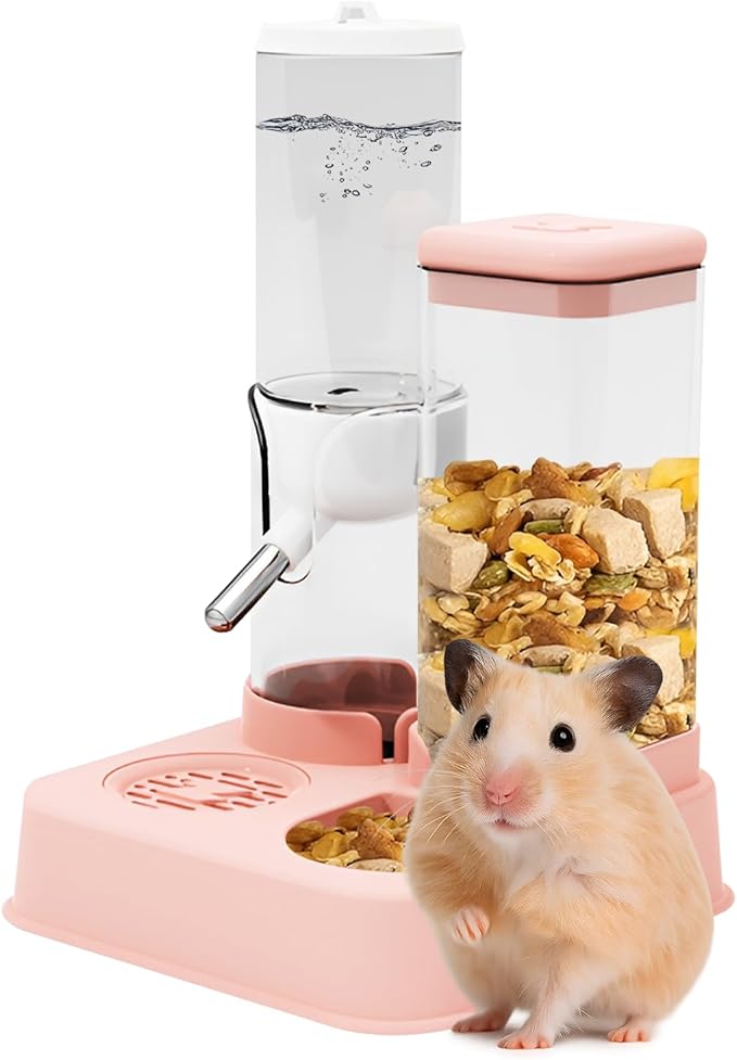 2-in-1 Hamster Water Bottle & Enhanced Food Dispenser - 35% Larger Food Capacity, Leak-Proof Design for Glass Tanks/Wire Cages Small Animal Accessories (Pink, 4.9IN+5.1IN+5.7)