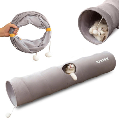 Cat Tunnels for Indoor Cats, Collapsible Pet Play Tube with Cat Toys and One Peek Hole, Pet Hideout Hideaway for Cats, Kittens, Bunny Rabbits, Ferrets, Puppy,Gray,L