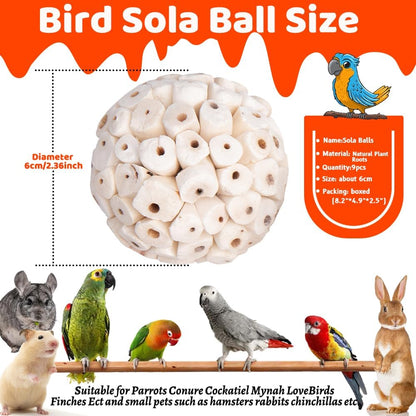 9 Pack Bird Toy Sola Balls, Natural Parrot Soft Chew Shredding & Foraging Toy, Bird Foot Balls for Cockatiel Conure Quaker Budgie Parakeet Bunny Guinea Pig Chinchilla Rabbit