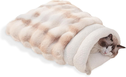 4 in 1 Cat Sleeping Bag 360° Wrap Cat Bed Plush & Warm Winter Sleeping Bag for Small Pets (Up to 15 lbs) Beige 21 × 17 Inch