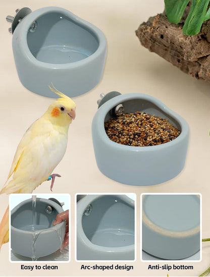 2 Pcs Pet Bird Bowls Ceramic Birds Cage Feeder Hanging Parrot Food Bowl Bird Cage Food Bowls for Budgie Finches Lovebirds Parakeet Cockatiels (Blue)