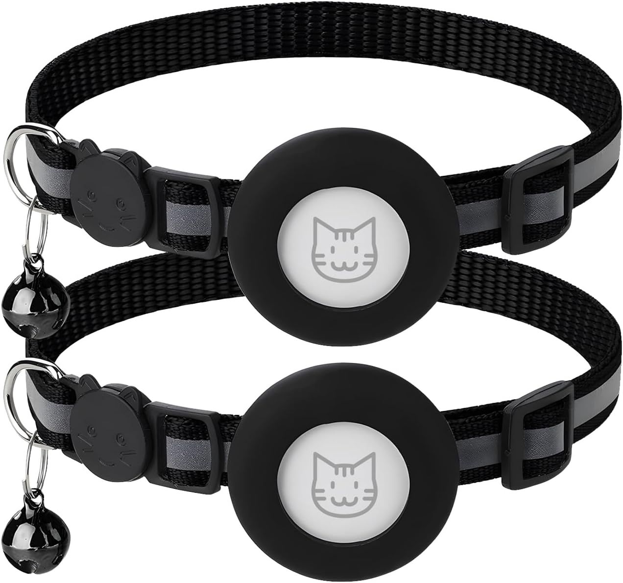 2 Pack Airtag Cat Collar with Bell, Reflective Nylon Kitten Collar with Apple Air Tag Holder and Breakaway Safety Buckle for Puppy Girl Boy Cats, 3/8" in Width and Lightweight, Black