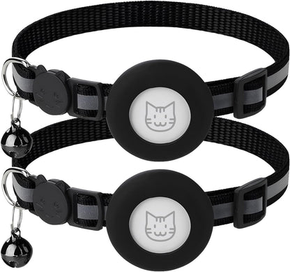2 Pack Airtag Cat Collar with Bell, Reflective Nylon Kitten Collar with Apple Air Tag Holder and Breakaway Safety Buckle for Puppy Girl Boy Cats, 3/8" in Width and Lightweight, Black