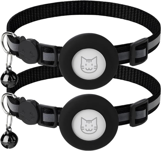 2 Pack Airtag Cat Collar with Bell, Reflective Nylon Kitten Collar with Apple Air Tag Holder and Breakaway Safety Buckle for Puppy Girl Boy Cats, 3/8" in Width and Lightweight, Black