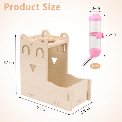 2 in 1 Hamster Hanging Water Bottle Pet Auto Dispenser with Base for Hamster Mice Gerbil Hedgehog (Smile Wooden)