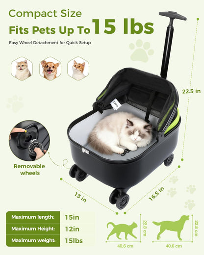 Lekereise Cat Carrier with Wheels (Black), 180° Wide Open Rolling Cat Carrier for Outdoor Adventures, Silent Wheels & Hard Bottom for Park/Camping, Portable Pet Travel Carrier for Cats Up to 15 lbs