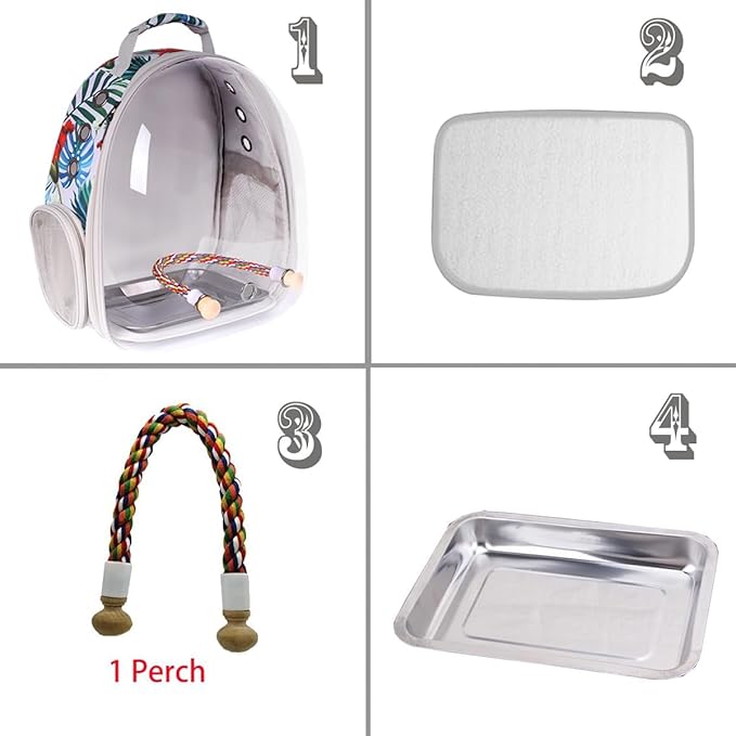 Bird Traval Carrier Cage, Clear Space Capsule Astronaut Backpack to Carry Parakeet Cockatiel Parrot with Metal Tray Wood Perch, Vet Transport Book Bag Floral Printed