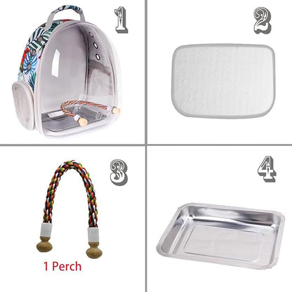Bird Traval Carrier Cage, Clear Space Capsule Astronaut Backpack to Carry Parakeet Cockatiel Parrot with Metal Tray Wood Perch, Vet Transport Book Bag Floral Printed
