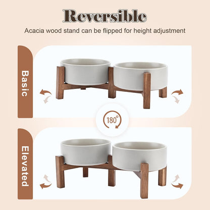 SPUNKYJUNKY Ceramic Dog Bowls Set with Acacia Wood Stand - Raised Dog Food and Water Bowl for Small Dogs (13.52 OZ, Gray)