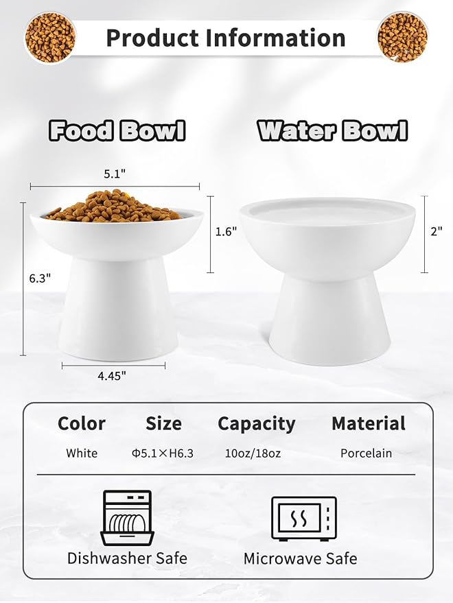 LoeJan Elevated Cat Food and Water Bowls Set, Extra Wide and Raised Ceramic Feeder, Anti-Vomit Whisker-Free Pressure Feeding Bowl for Kittens Adult Small Dogs