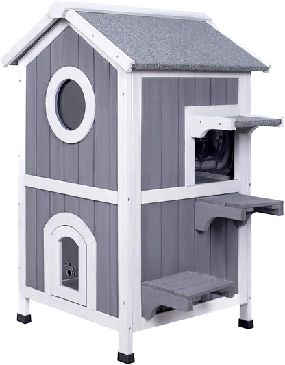 GEGURI Outdoor Cat House Weatherproof, Wooden Two-Story Feral Cat Shelter with Openable Roof, Escape Door, Balcony