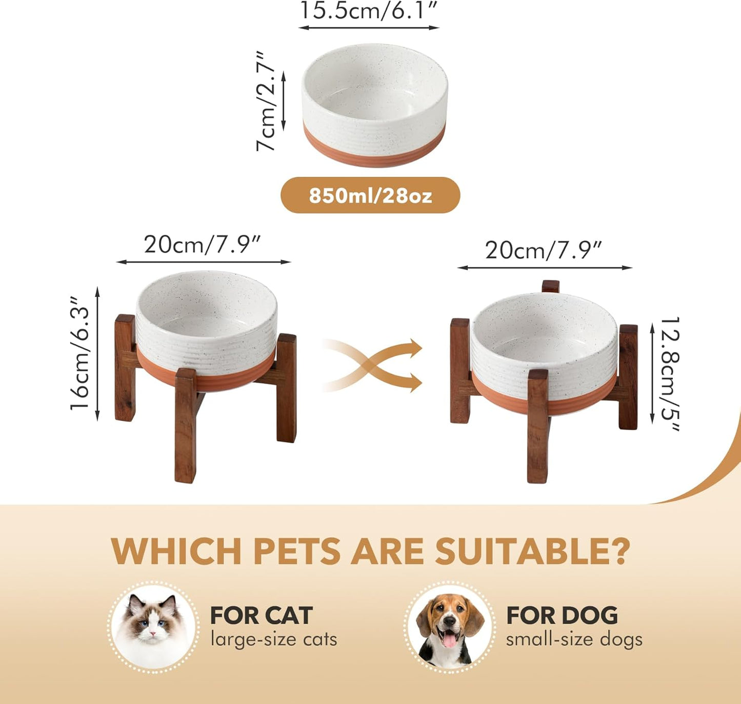 Ceramic 6.1inch Raised Dog and Cat Bowl Set, 2 Heights Elevated Wooden Stand for Small Breed Dogs, Weighted Pet Food and Water Dishes(6.1'',28.7oz, Vanilla White)