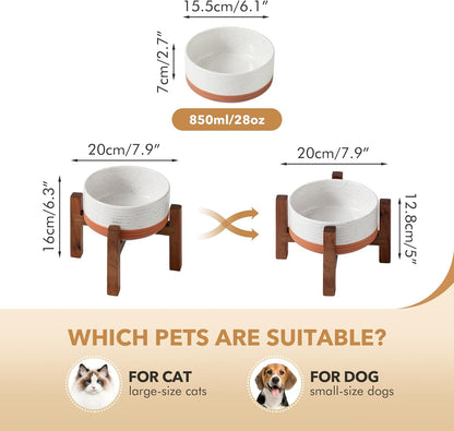 Ceramic 6.1inch Raised Dog and Cat Bowl Set, 2 Heights Elevated Wooden Stand for Small Breed Dogs, Weighted Pet Food and Water Dishes(6.1'',28.7oz, Vanilla White)