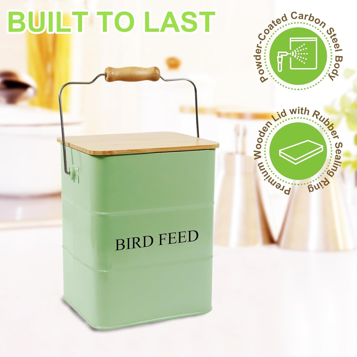 Metal Bird Seeds storage container,Outdoor Bird Food Container Canister, Pet Food Bin with Wooden Lid/Handle/Food scoop,hold 5-6 Lbs of Wild Bird Seed Sunflower Seed-Preventing Squirrels-Green