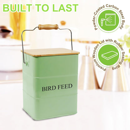 Metal Bird Seeds storage container,Outdoor Bird Food Container Canister, Pet Food Bin with Wooden Lid/Handle/Food scoop,hold 5-6 Lbs of Wild Bird Seed Sunflower Seed-Preventing Squirrels-Green