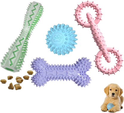 4 Pack Puppy Toys for 2-8 Months Pets Dog Chew Toy for Small Puppies Teething Toys for Cleaning Teeth Food Dispensing Soft Durable Rubber Bone Funny Ball Interactive Donut Treat Dumbbell (Mix Color)