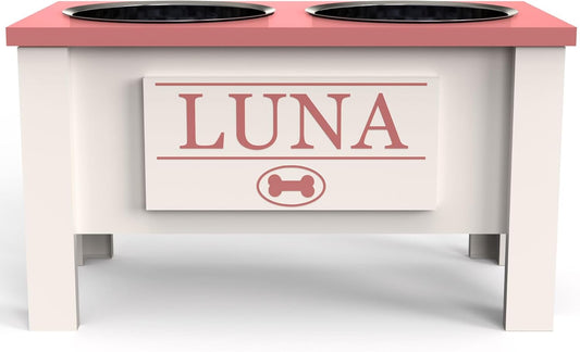 GrooveThis Woodshop - Personalized Elevated Dog Bowl Stand for Large, Medium, Small, X-Small Dogs - Stainless Steel Food and Water Bowls - Raised Dog Dish with Internal Storage (Large, Magenta)