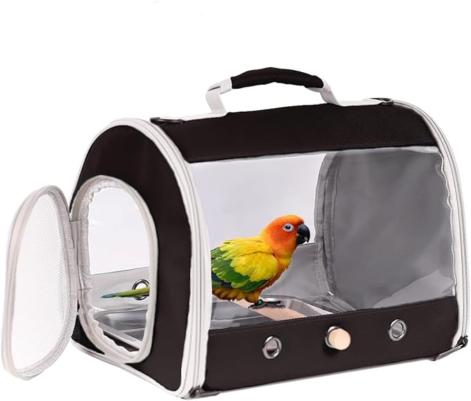 Bird Carrier, Portable Small Bird Parrot Parakeet Carrier with Standing Perch and Stainless Steel Tray, Side Access Window Collapsible (Black, Cylinder Design - Clear)